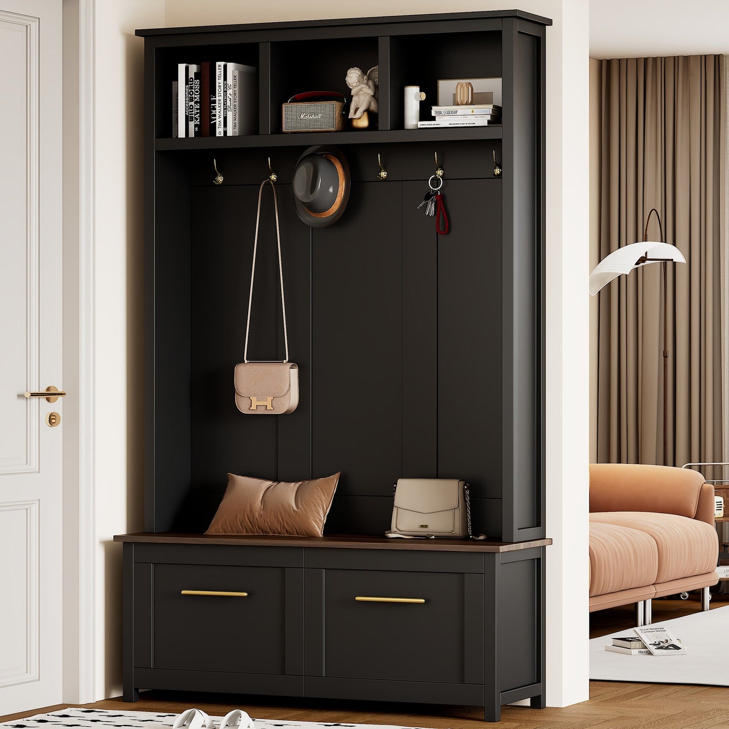 Versatile 4-in-1 Hall Tree with 6 Golden Hooks, Wood Grain Bench with Multiple Storage Space, Entryway Coat Rack with 2 Drawers for Living Room, Hallway, Black, 76.6''H (OLD SKU:N721S000034B) SolidRoot Buy Furniture USA