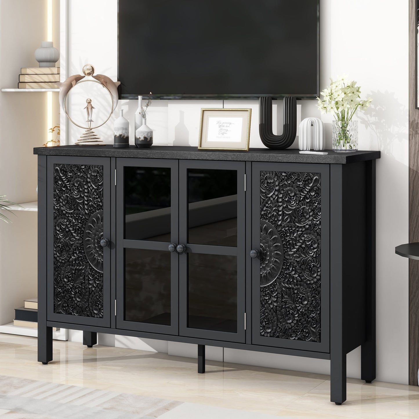 U-Can 47.2'' Retro TV Stand for TVs up to 43 Inches, Entertainment Center Media Console Cabinet with 3 Spacious Cabinets, Glass Cabinet Doors and Anti-tip Device for Living room SolidRoot Buy Furniture USA