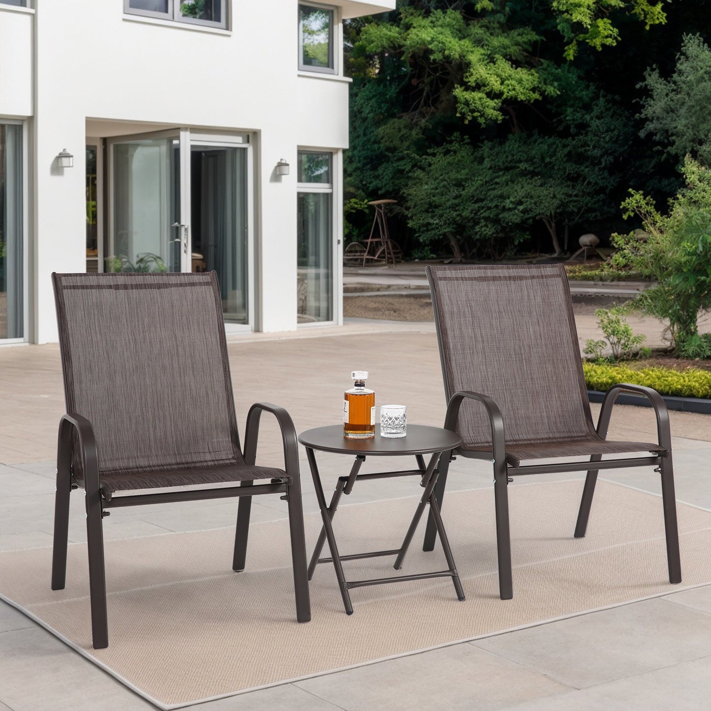 3 Piece Patio set, Outdoor Camping Chairs with Breathable Textilene Fabric, folding table with steel table top, 2chairs and 1table set ( Brown) SolidRoot Buy Furniture USA