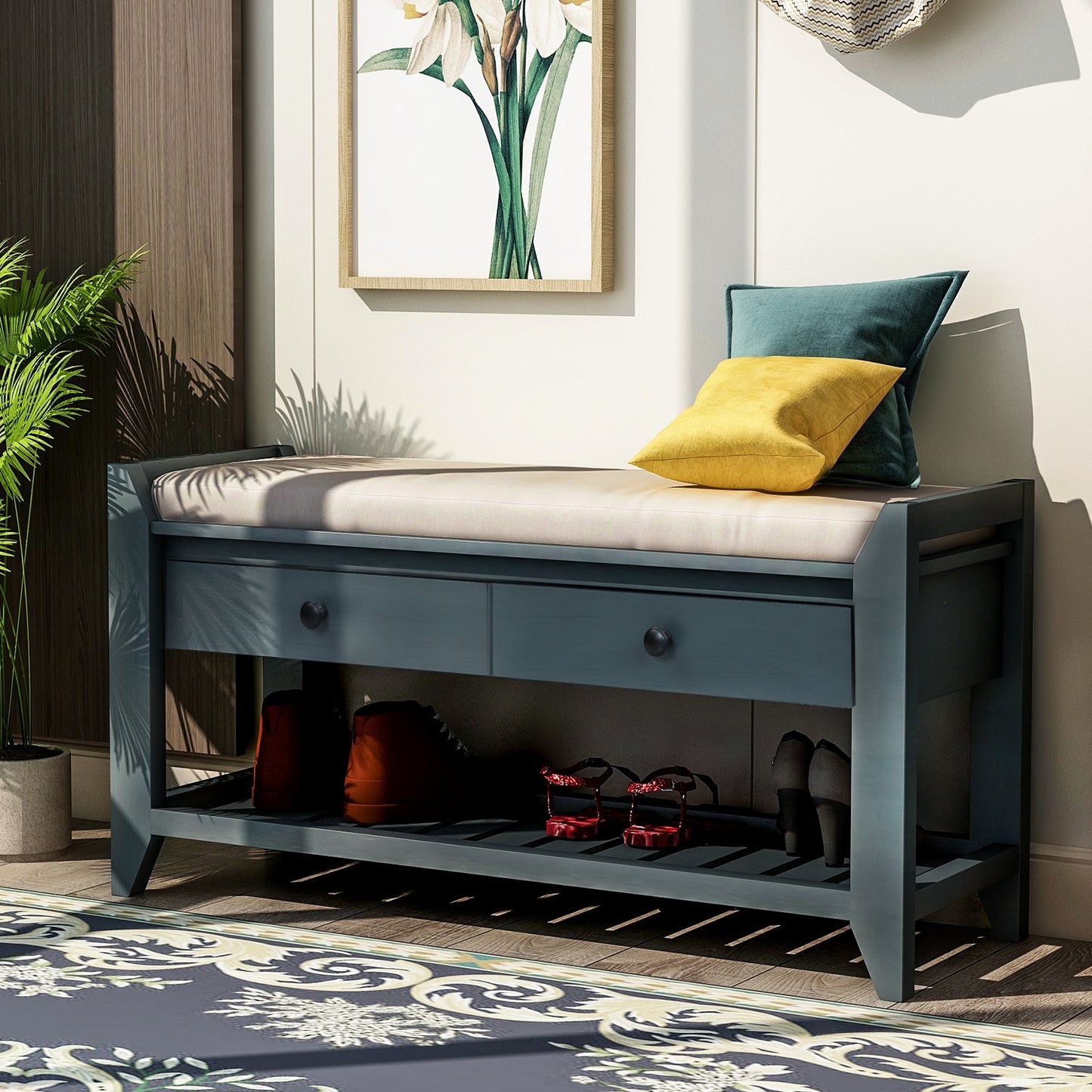 TREXM Shoe Rack with Cushioned Seat and Drawers, Multipurpose Entryway Storage Bench (Antique Navy) SolidRoot Buy Furniture USA