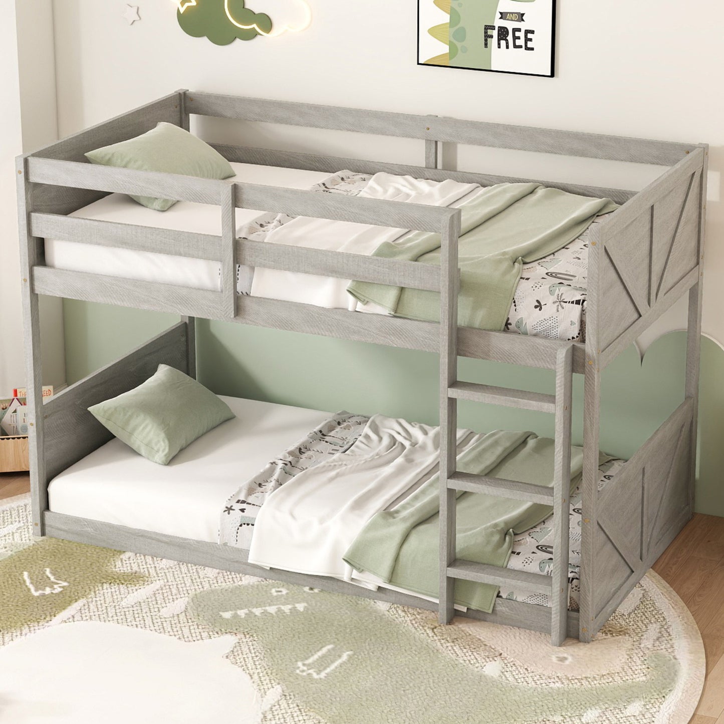 Twin over Twin Floor Bunk Bed with Panelled Headboard and Footboard, Solid Rubber Wood Foundation with Safety Guardrails, Built-in ladder,Antique White