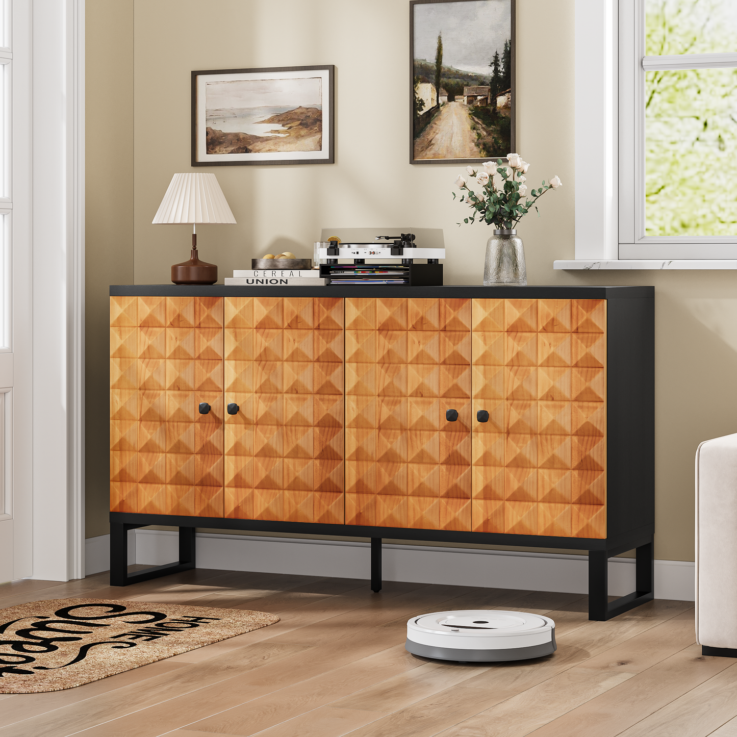 Modern buffet cabinet with storage space,Retro style four door wooden storage cabinet,Multifunctional decorative cabinet with geometric patterns,Suitable for living room,dining room,entrance,hallway SolidRoot Buy Furniture USA