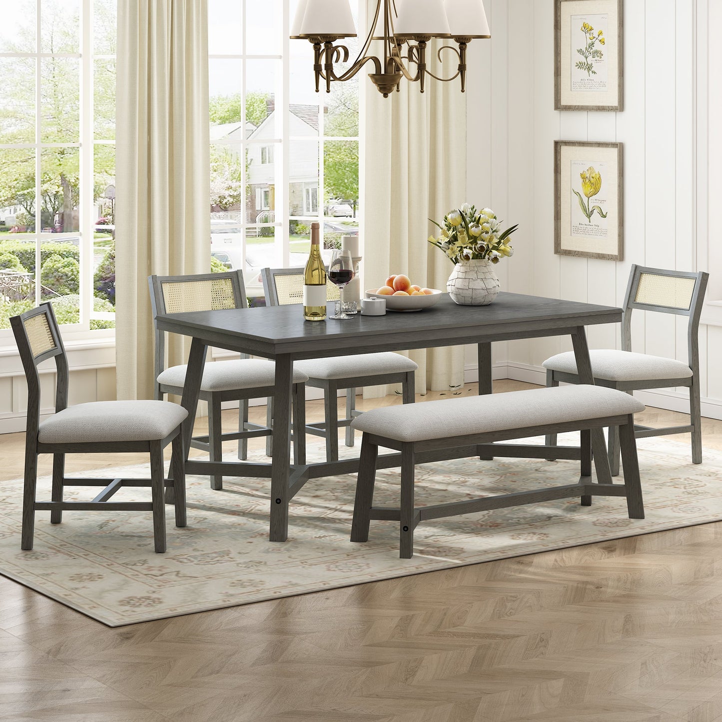 TREXM 6-piece Retro Farmhouse Style Dining Set, Rectangular Table and 4 Upholstered Chairs with Rattan and Bench for Dining Room and Kitchen (Gray) SolidRoot Buy Furniture USA