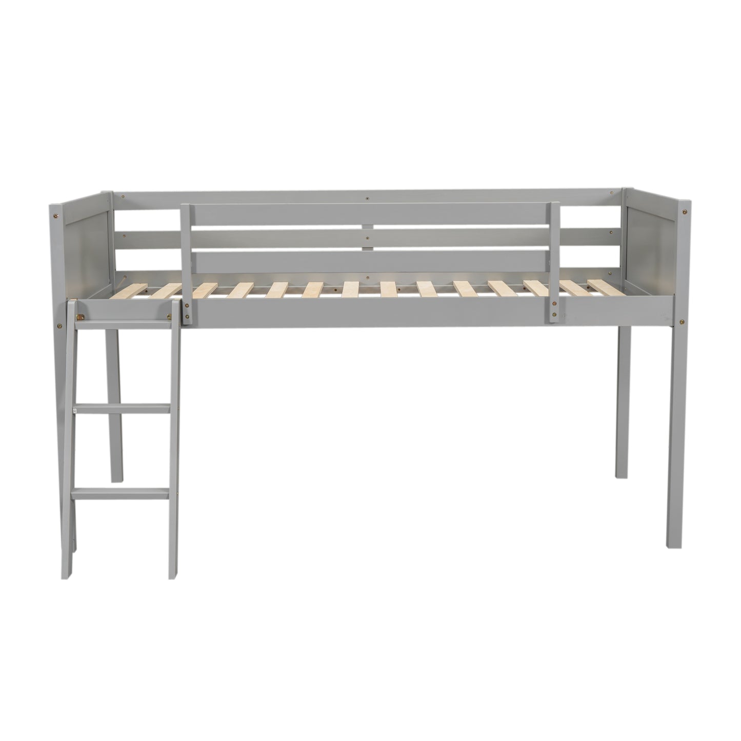 Twin Size Wood Low Loft Bed with Ladder, ladder can be placed on the left or right, Gray - SolidRoot Buy Furniture USA