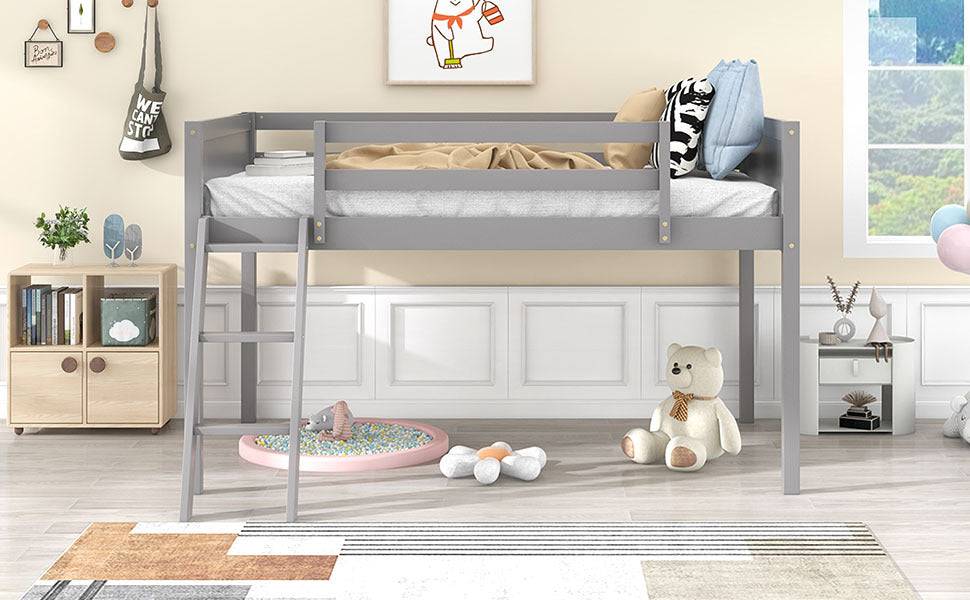 Twin Size Wood Low Loft Bed with Ladder, ladder can be placed on the left or right, Gray - SolidRoot Buy Furniture USA