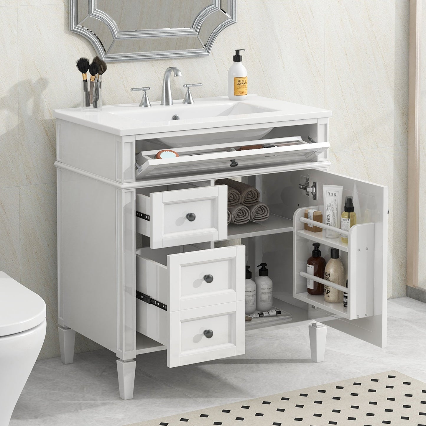 30'' Bathroom Vanity with Top Sink, Modern Bathroom Storage Cabinet with 2 Drawers and a Tip-out Drawer, Single Sink Bathroom Vanity SolidRoot Buy Furniture USA