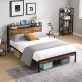 Full Size Metal Platform Bed Frame with Wooden Headboard and Footboard with USB LINER, No Box Spring Needed, Large Under Bed Storage, Easy Assemble Livingsource
