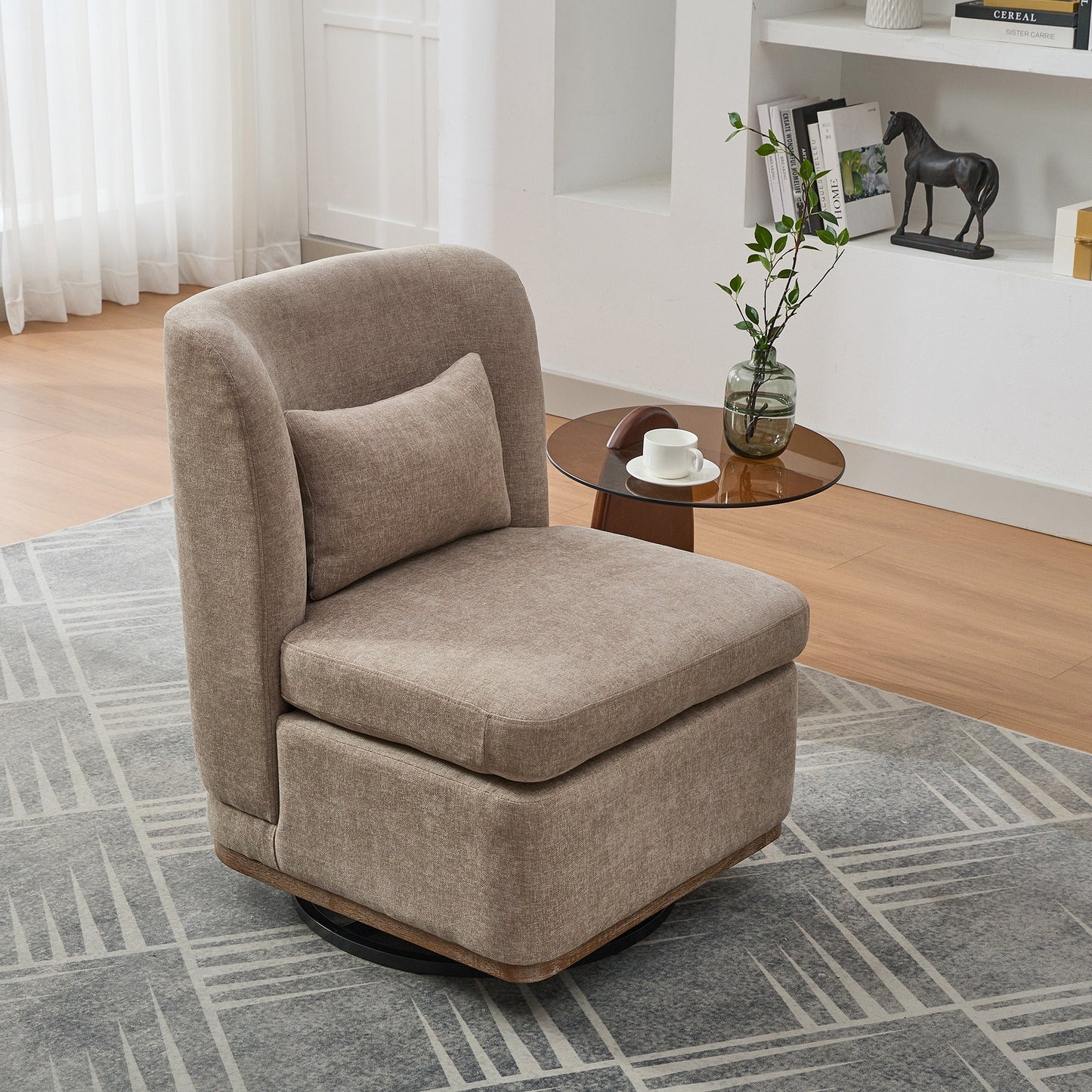 25.2 'Wide Modern Chenille Cushioned Armless Metal Base 360° Swivel Chair with Pillow, Suitable for Living Room, Family Room, Bedroom, Lounge Area, Office. Taupe SolidRoot Buy Furniture USA