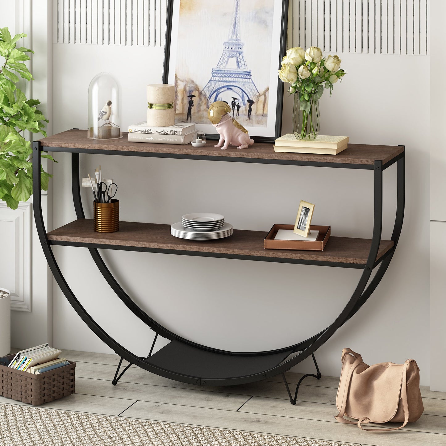 TREXM Rustic Industrial Design Demilune Shape Textured Metal Distressed Wood Console Table (Dark Brown) SolidRoot Buy Furniture USA