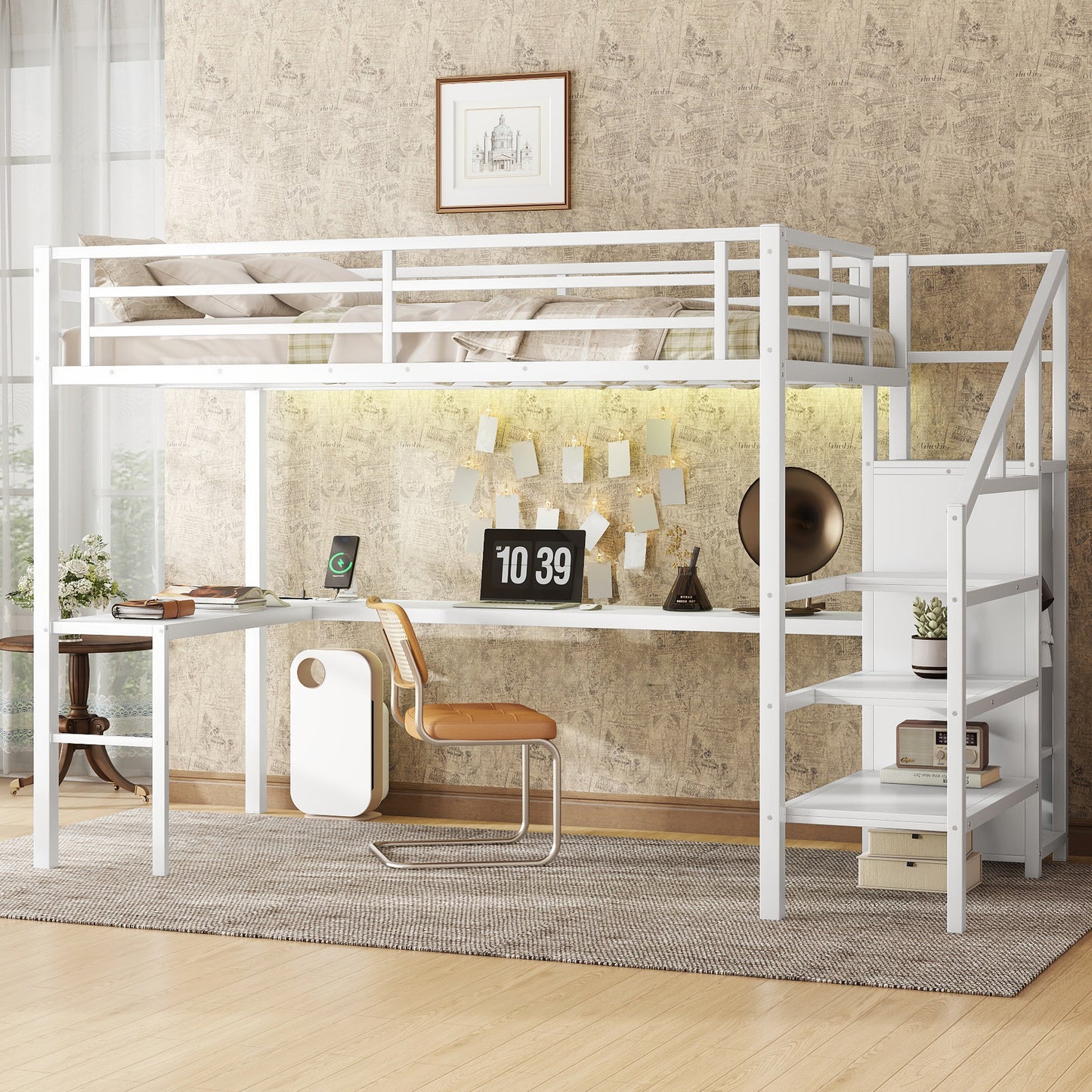 Full Size Loft Bed with L-shaped Desk and USB, Metal Loft Bed with Wardrobe and Adjustable Shelf, High Loft Bed with LED for Kids Teens Adults, White SolidRoot Buy Furniture USA