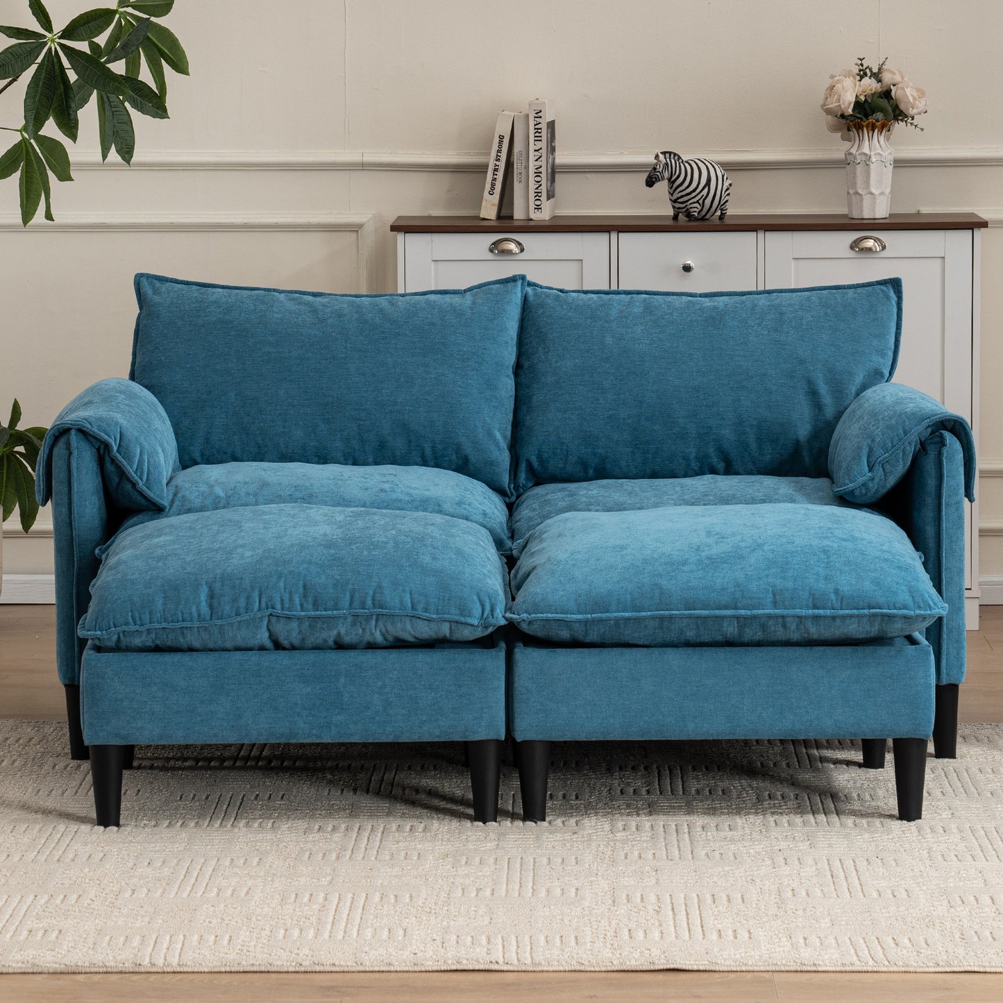 Convertible Combination Sofa Sofa U-Shaped Sofa with Footstools with Storage, Gray Sofa for Living Room, Living Room/Bedroom/Office/Small Space 2-Seater Combination Sofa- (Blue)