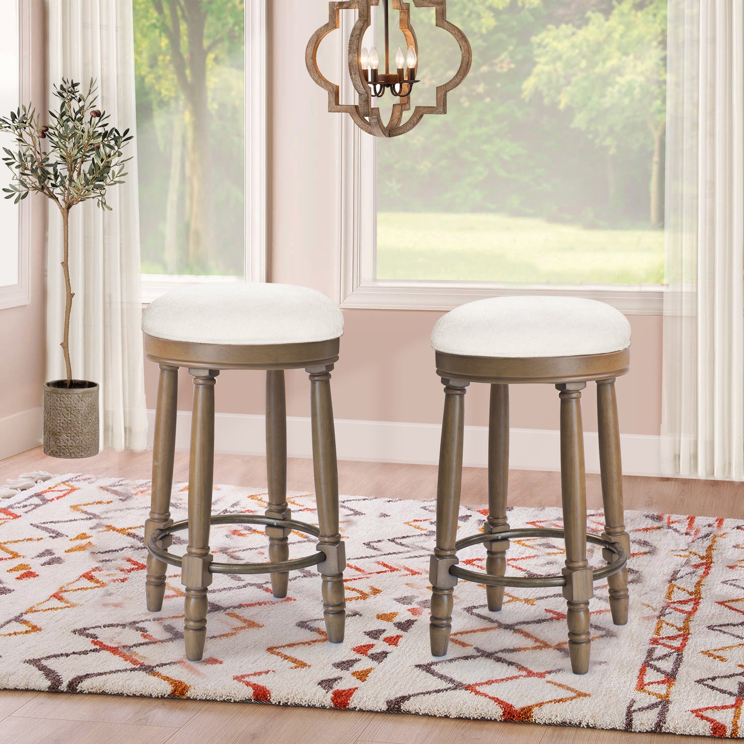 BarStools Set of 2, 360 Degree Swivel, Accent Wooden Swivel Seat Counter Height Bar Stool,White Fabric Cushioned Seat, Bar stool Perfect for Dining & Living Room with Light Brown,Natural (Height 26') SolidRoot Buy Furniture USA