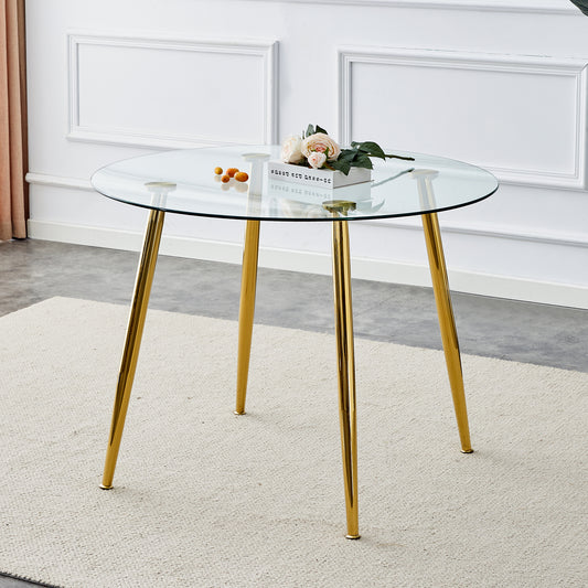 A glass tabletop with a diameter of 40 inches and a modern minimalist circular dining table with gold plated metal legs. 40 '* 40' * 30 ' DT-1164 .W1151S01594 SolidRoot Buy Furniture USA