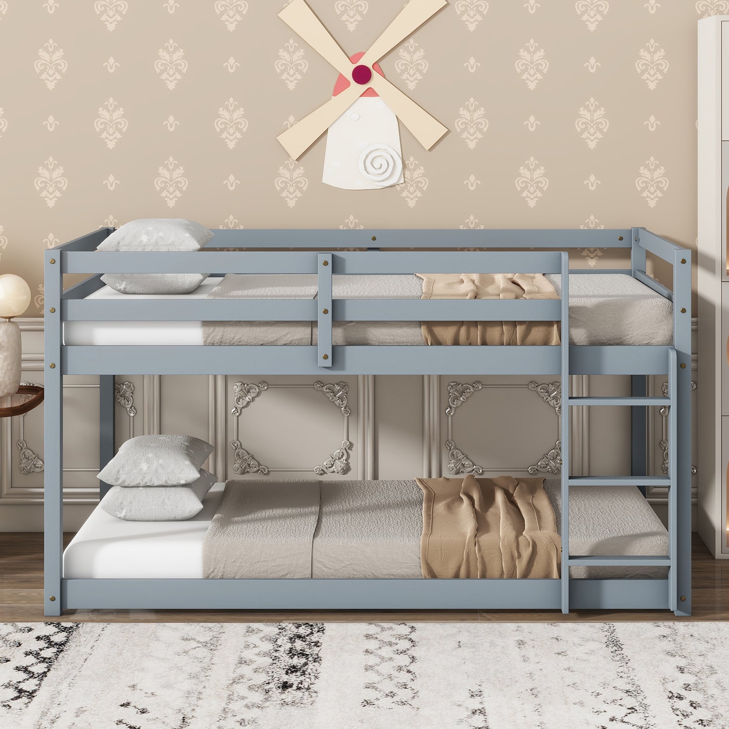 Solid Wooden, Solid Rubber Wooden Twin over Twin Floor Bunk Bed with Ladder, with Bed Platform of Strengthened Slats , Grey SolidRoot Buy Furniture USA