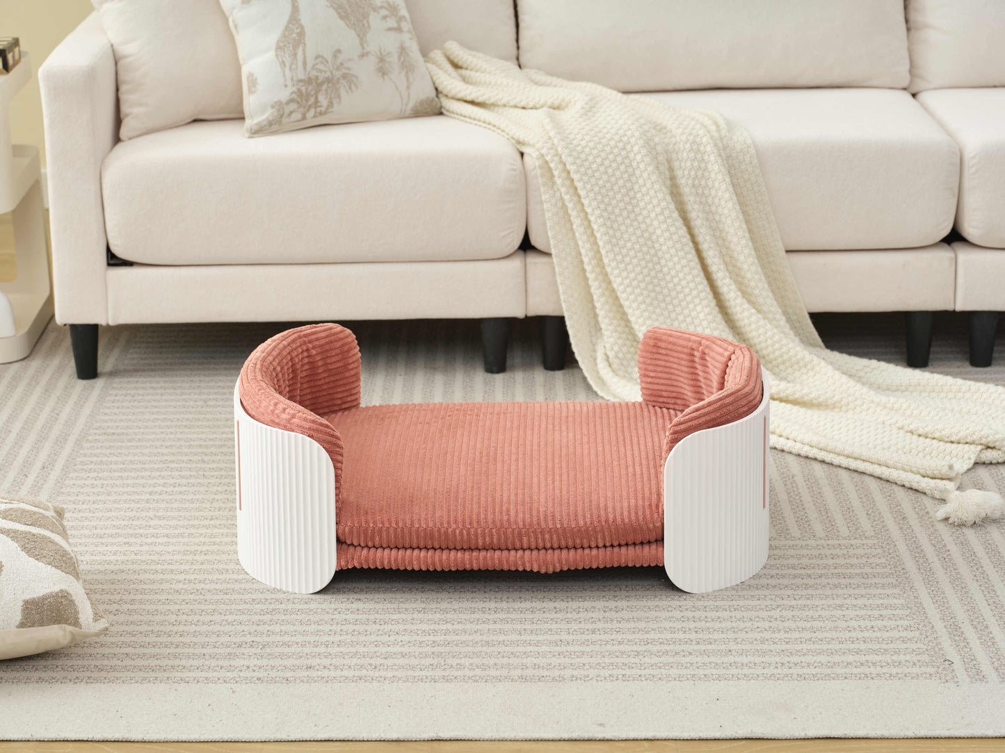 Scandinavian style Cat Couch Bed, Pet Sofa for Indoor Cats PP Indoor Pet Furniture Elevated Cat Beds with Removable Mattress Cover Suitable for Kitty, Puppy or Small Animal Brand Design White Pink