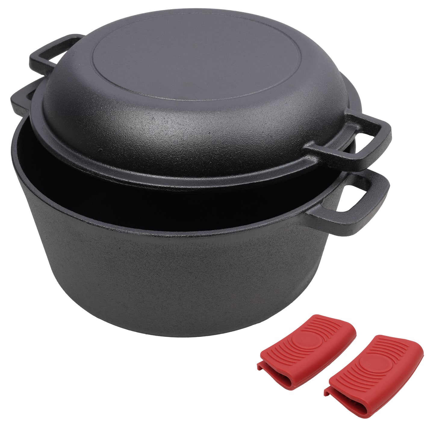 2 in 1 Pre-Seasoned Cast Iron Dutch Oven With Dual Handles, Outdoor Camping Deep Pot for Camping Fireplace Cooking BBQ Baking Campfire, 5 Quart.With 2pcs Silicone Handel Covers. SolidRoot Buy Furniture USA