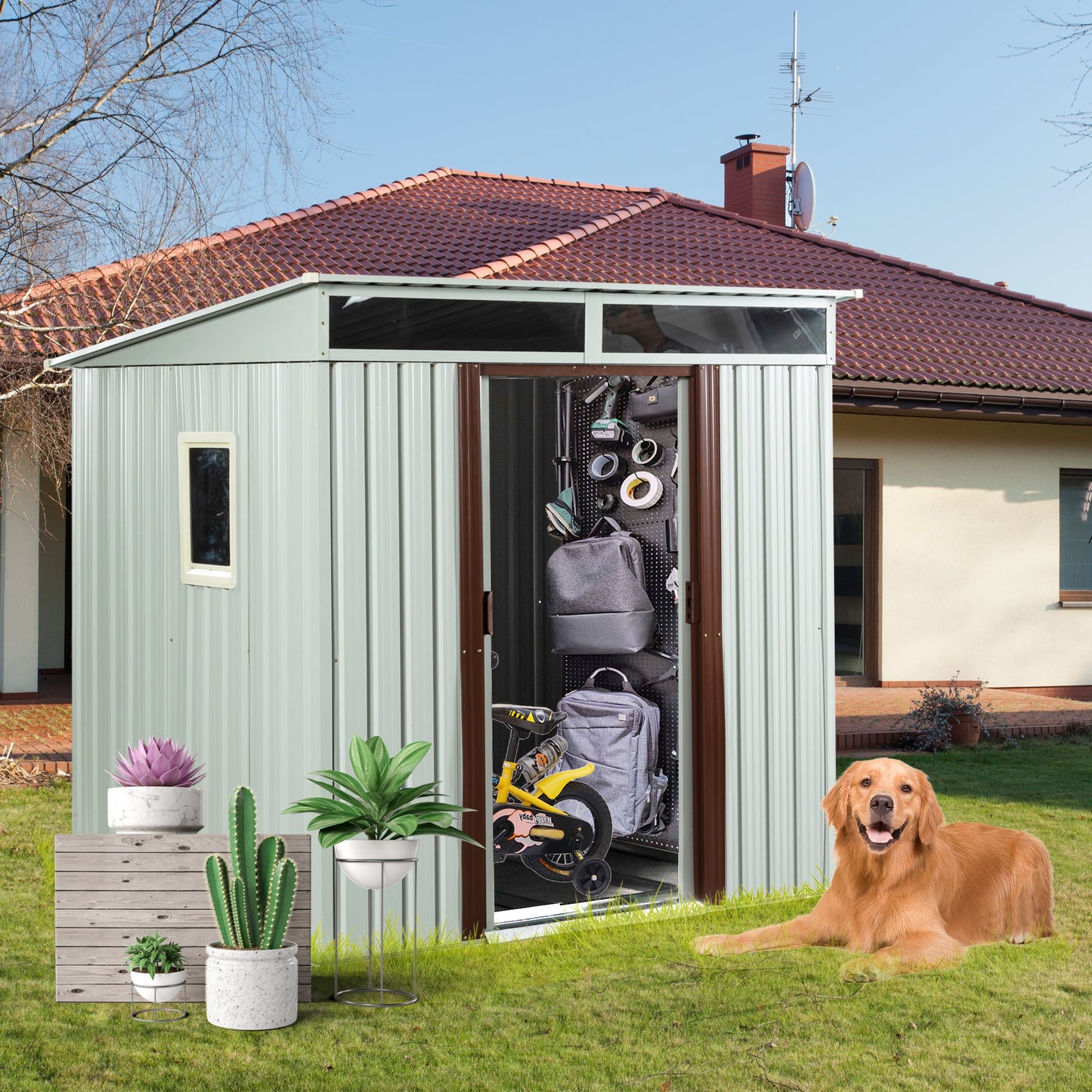 6ft x 5ft Outdoor Metal Storage Shed With window and Metal foundation White SolidRoot Buy Furniture USA