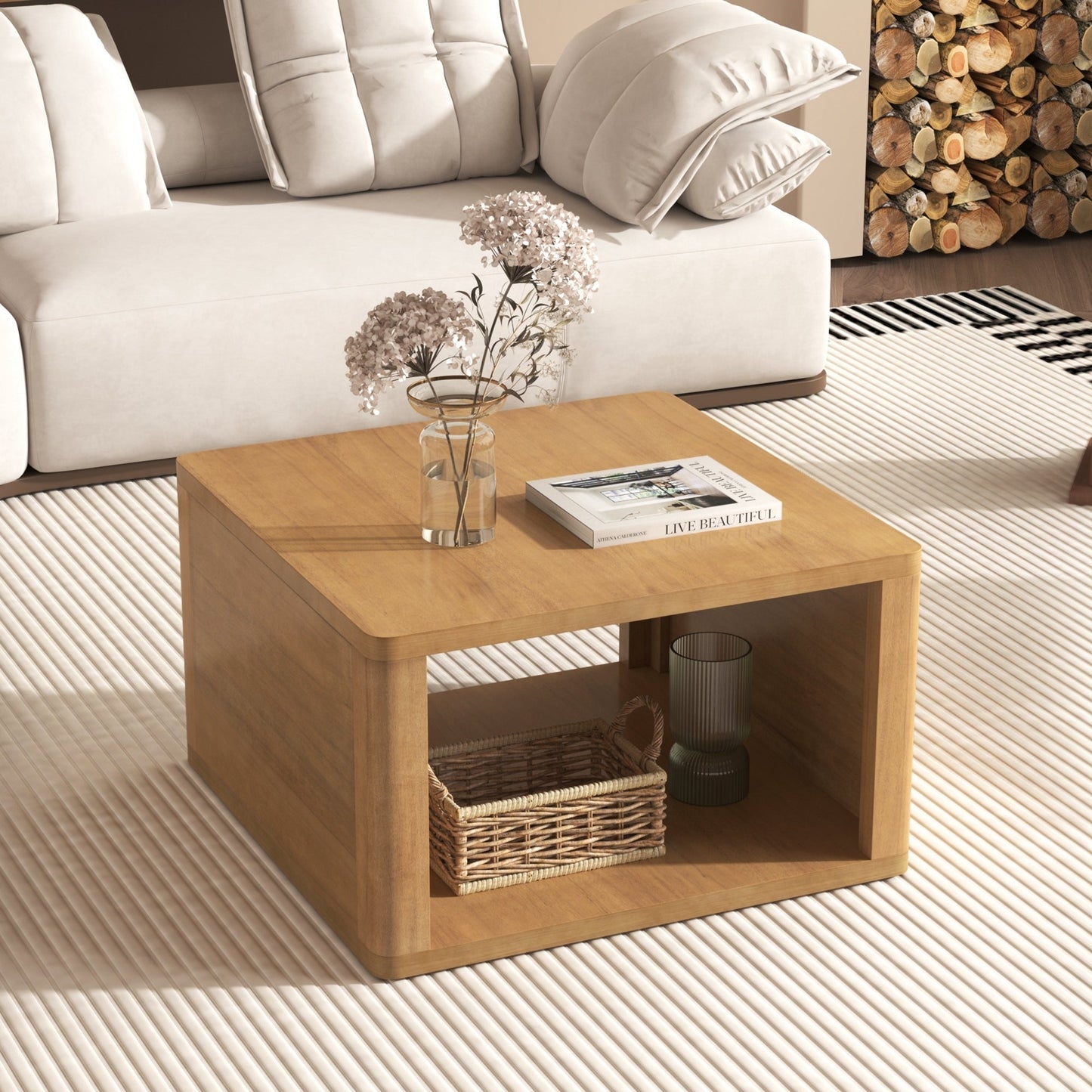 Square Coffee Table for Living Room in Natural Farmhouse Coffee Table with Storage,2-Tier Center Table with Half Open Storage Compartment in 30.8' SolidRoot Buy Furniture USA