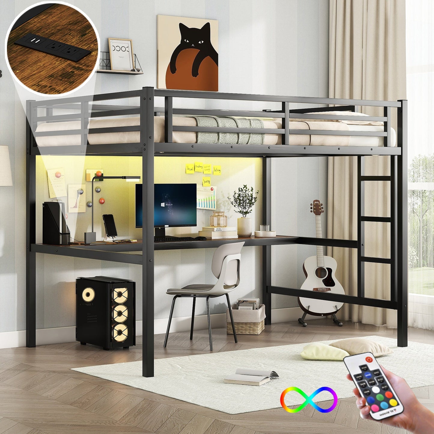 Metal Full Size Loft Bed with Power Outlet and LED Lighted, Space-Saving, Noise Reduced, Black SolidRoot Buy Furniture USA