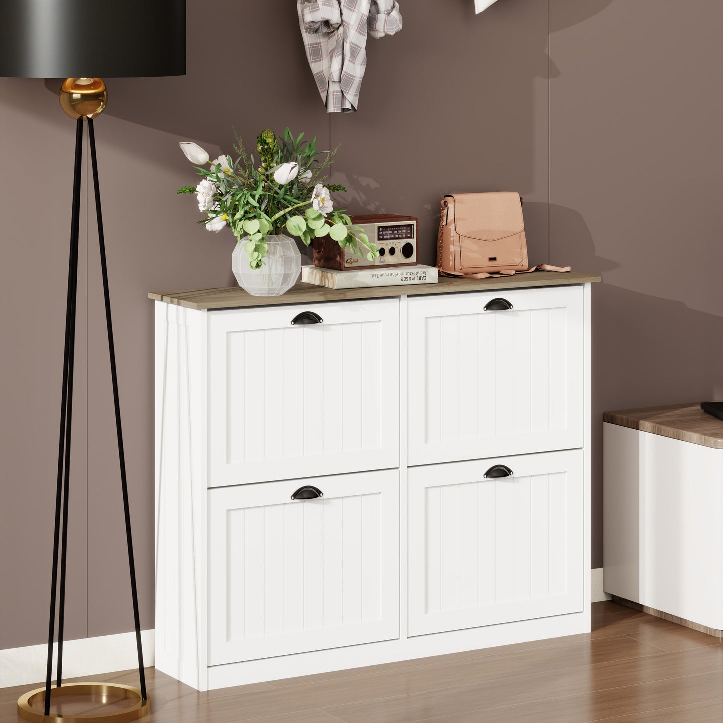 Shoe Storage Cabinet with 4 Flip Drawers, Freestanding Shoe Cabinet Organizer with Adjustable Shelf, Shoe Cabinet for Entryway, Foyer, Slim Shoe Cabinet-White
