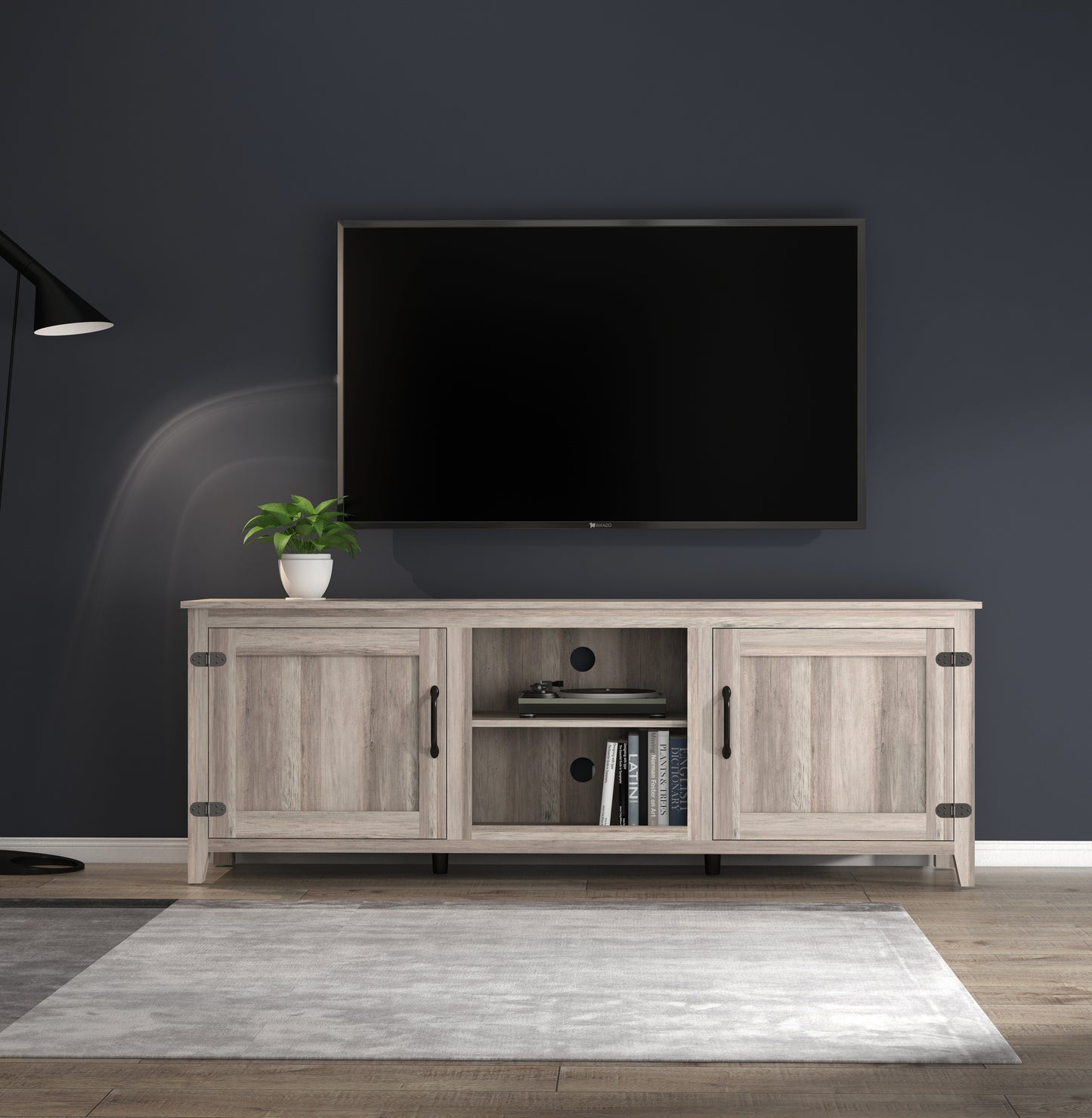 TV Stand Storage Media Console Entertainment Center With Two Doors, Grey Walnut; with fireplace SolidRoot Buy Furniture USA