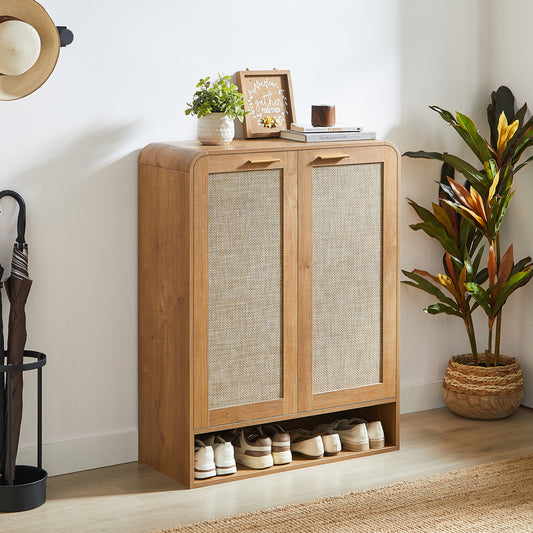 Rattan Shoe Cabinet with Doors, 6-Tier Shoe Storage Cabinet with Adjustable Shelves,Wooden Shoes Rack Shoe Storage Organizer for Entryway, Hallway, Closet, Living Room,Caramel Oak.