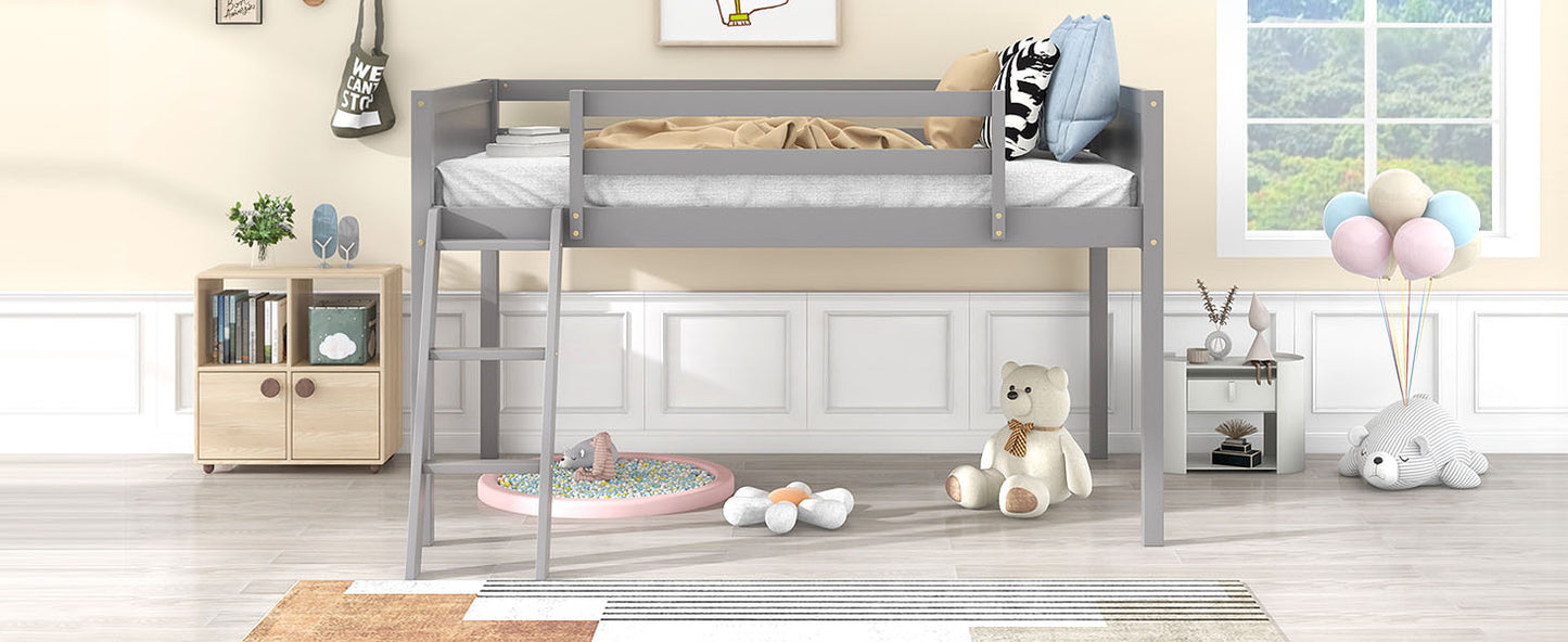 Twin Size Wood Low Loft Bed with Ladder, ladder can be placed on the left or right, Gray - SolidRoot Buy Furniture USA