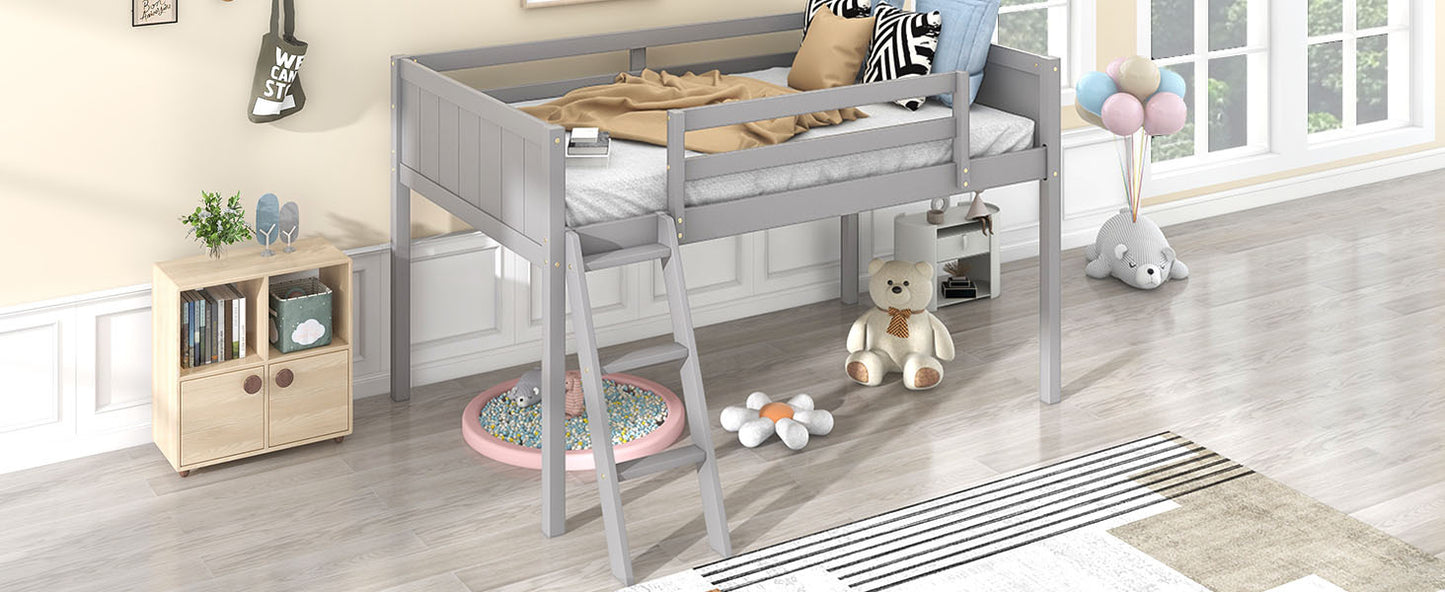 Twin Size Wood Low Loft Bed with Ladder, ladder can be placed on the left or right, Gray - SolidRoot Buy Furniture USA
