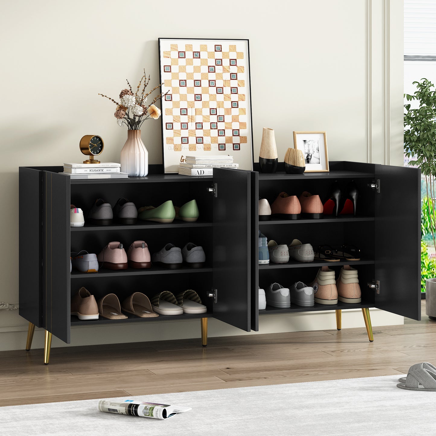 Luxurious Shoe Cabinet with 5 Metal Legs, Modern TV Stand with 4 Adjustable Shelves for TVs Up to 70', Minimalist Sideboard Cabinet with Gold Lines Doors for Living Room,62.9'x 31.4',Black SolidRoot Buy Furniture USA