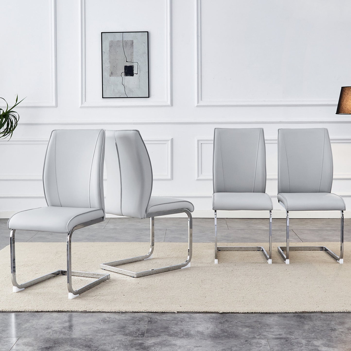 Luxury Simple Arch Chair - Set of 4 Light Gray PU Material High Resilience Dining Chair with Arched Metal Silver Leg. SolidRoot Buy Furniture USA