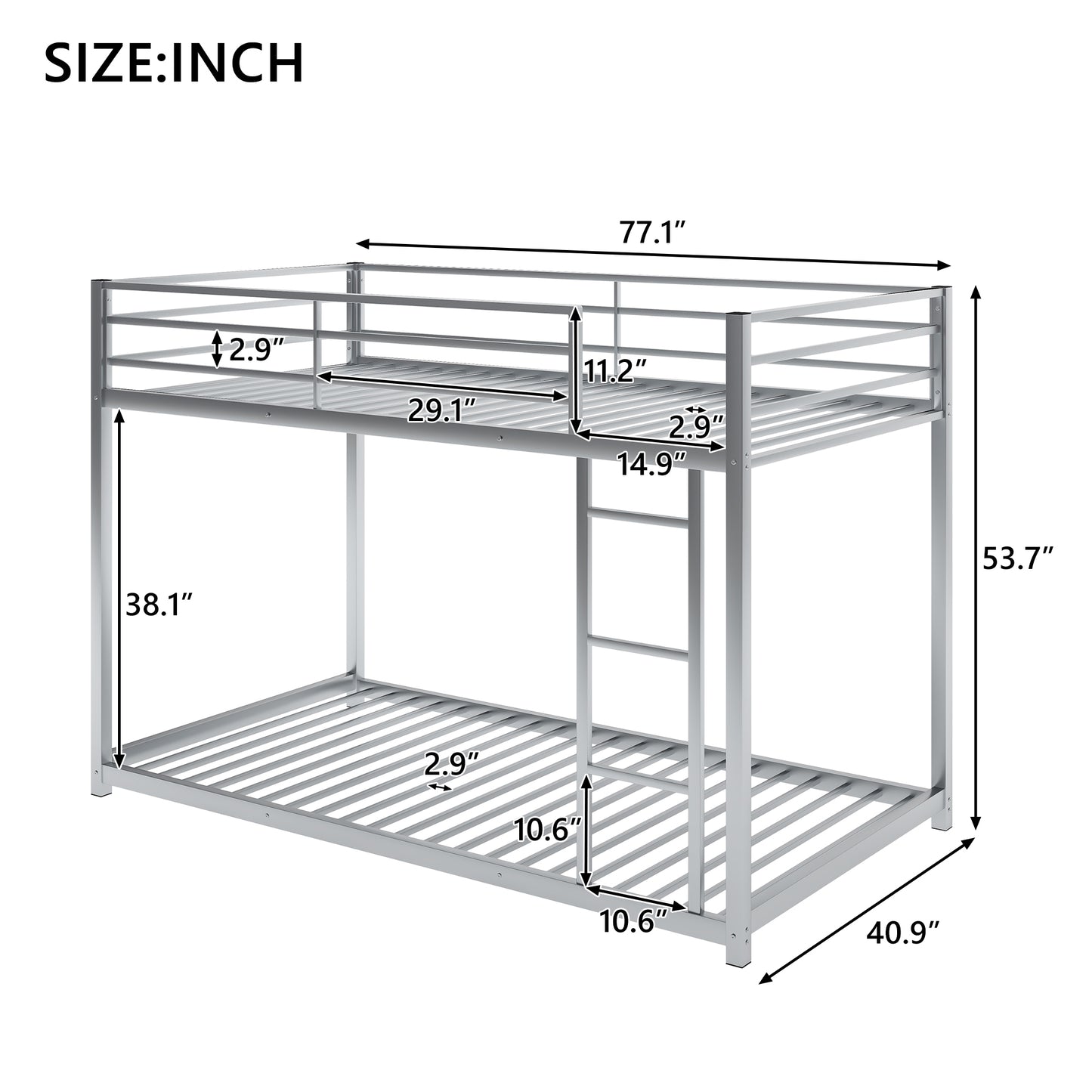 Twin over Twin Metal Bunk Bed, Low Bunk Bed with Ladder,Silver(OLD SKU:WF282465AAN) - SolidRoot Buy Furniture USA