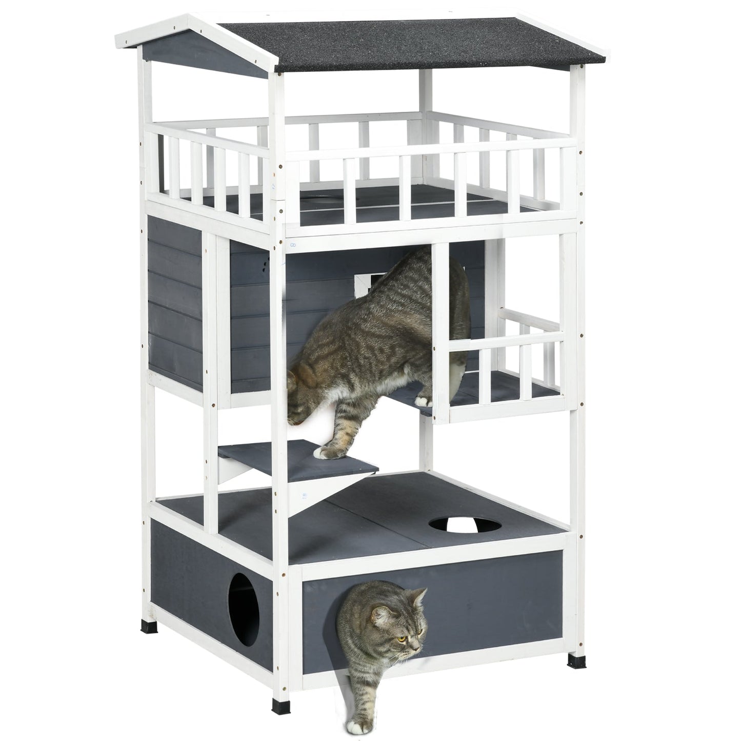 PawHut Wooden Outdoor Cat House, Feral Cat Shelter Kitten Tree with Asphalt Roof, Escape Doors, Condo, Jumping Platform, Grey SolidRoot Buy Furniture USA