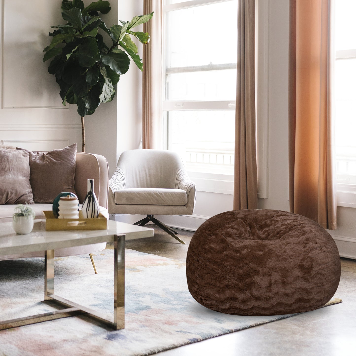 Faux Fur Bean Bag Chair, Brown-3ft Cozy and Stretchable Fabric Lounger for Children and Adults with Easy-Clean Cover, Comfortable Faux Fur Seating for Bedrooms, Filled with Shredded and Memory Foam. SolidRoot Buy Furniture USA
