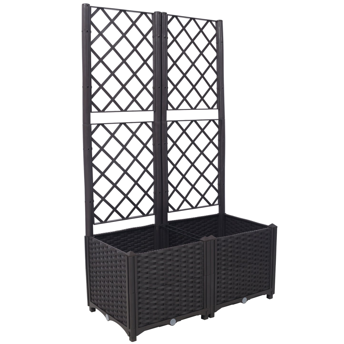 Poly Rattan Brown Trellis Raised Bed with Drainage Plug - 2 Removable Pots with Large Flower Boxes - Built-in Support for Climbing Plants - Outdoor Patio Garden Decoration