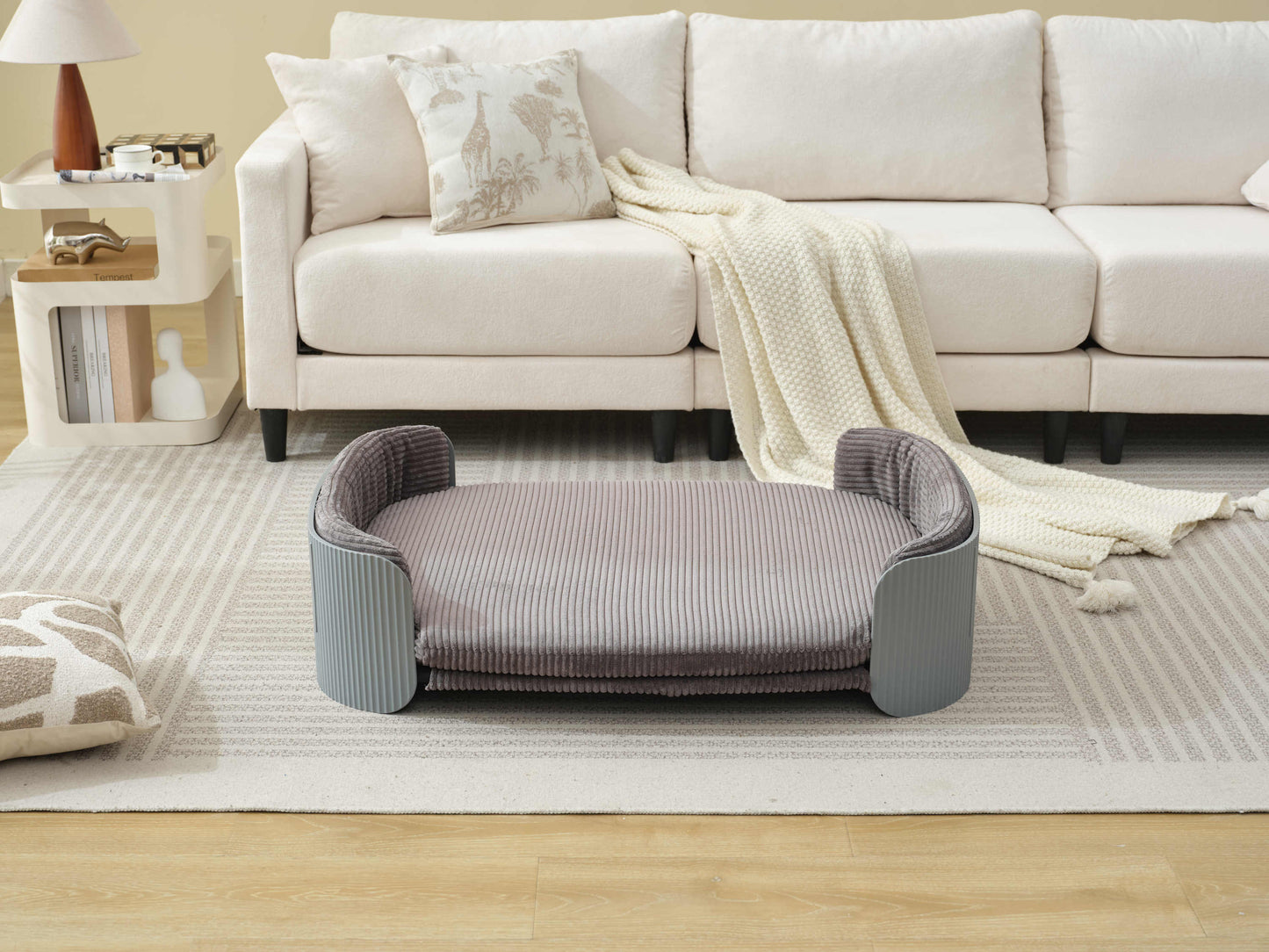 Scandinavian style Cat Couch Bed, Pet Sofa for Indoor Cats PP Indoor Pet Furniture Elevated Cat Beds with Removable Mattress Cover Suitable for Mid or Large Animal Brand Design Grey+Grey SolidRoot Buy Furniture USA