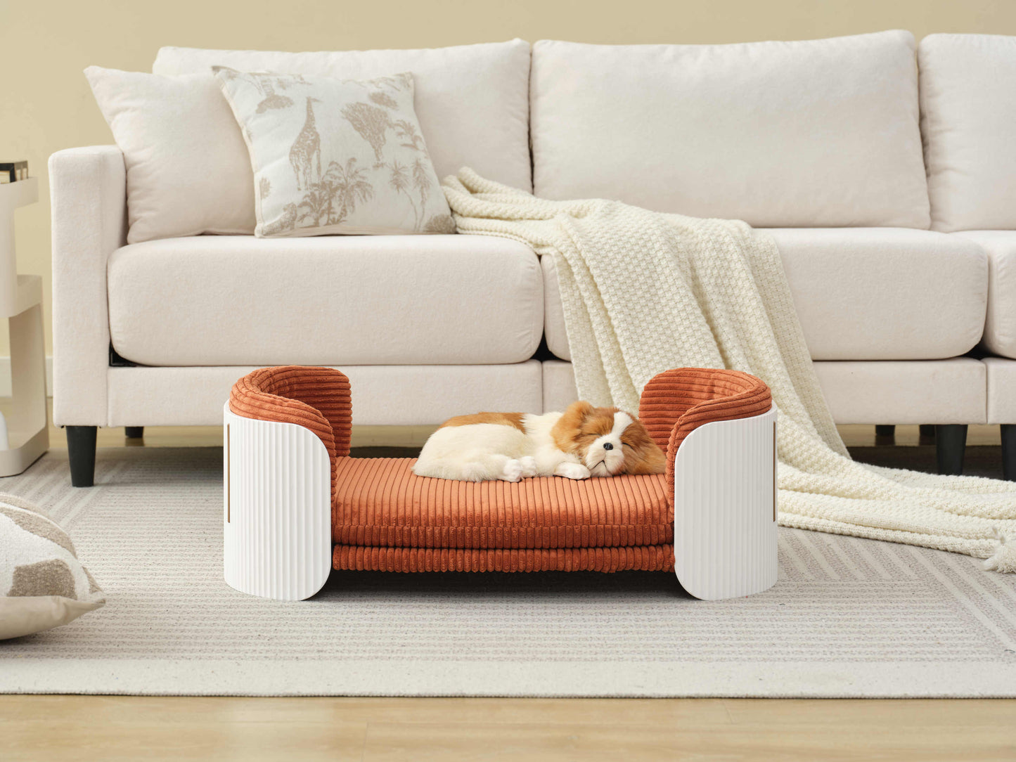Scandinavian style Cat Couch Bed, Pet Sofa for Indoor Cats PP Indoor Pet Furniture Elevated Cat Beds with Removable Mattress Cover Suitable for Kitty, Puppy or Small Animal Brand Design White Brown SolidRoot Buy Furniture USA
