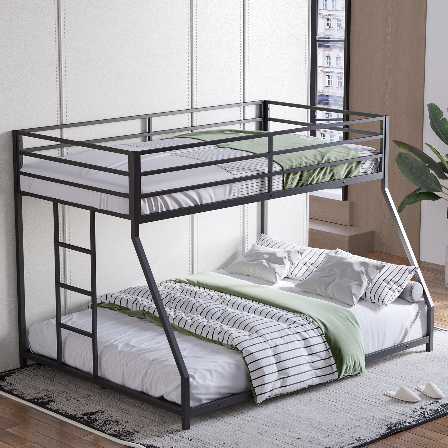 Metal Bunk Bed Twin Over Full Size with Removable Stairs, Heavy Duty Sturdy Frame for Teen & Adults, Teens, No Box Spring Needed, Black SolidRoot Buy Furniture USA
