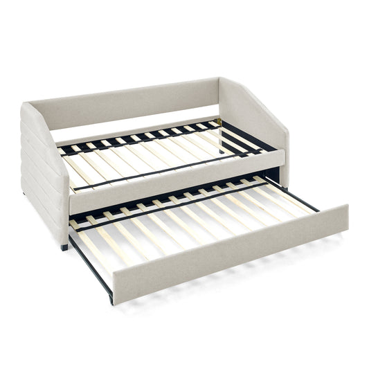 Elegant Twin Size Daybed with Trundle Upholstered Tufted Sofa Bed, Beige Linen Fabric, 82.5'x42.5'x34' SolidRoot Buy Furniture USA