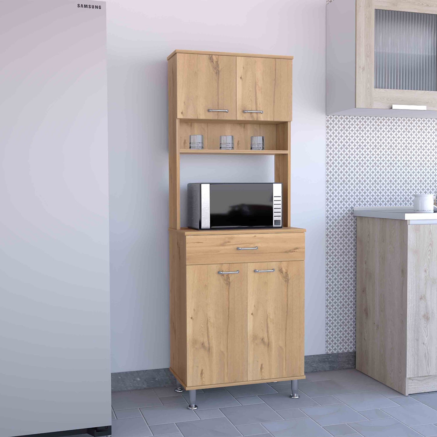 Della 60 Kitchen Pantry with Countertop, Closed & Open Storage -Light Oak SolidRoot Buy Furniture USA