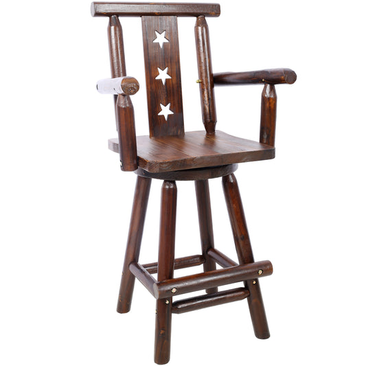 Rustic Brown Bar Stool with Western Star Backrest - Solid Fir Wood High Back Chair with Wide Armrests & Footrest, Farmhouse Pub Furniture SolidRoot Buy Furniture USA