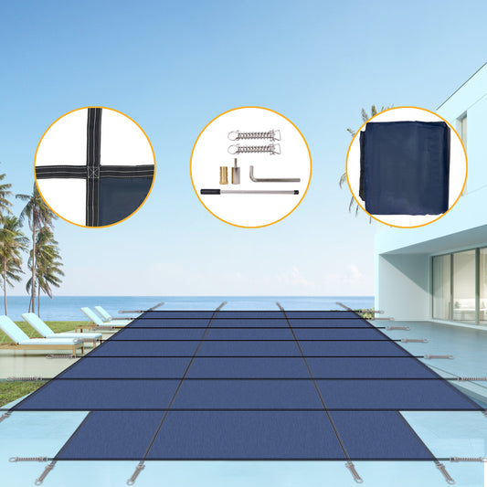 High-Strength Blue Mesh Pool Safety Cover for 16x32 ft Inground Winter Swimming Pools with Center End Step SolidRoot Buy Furniture USA