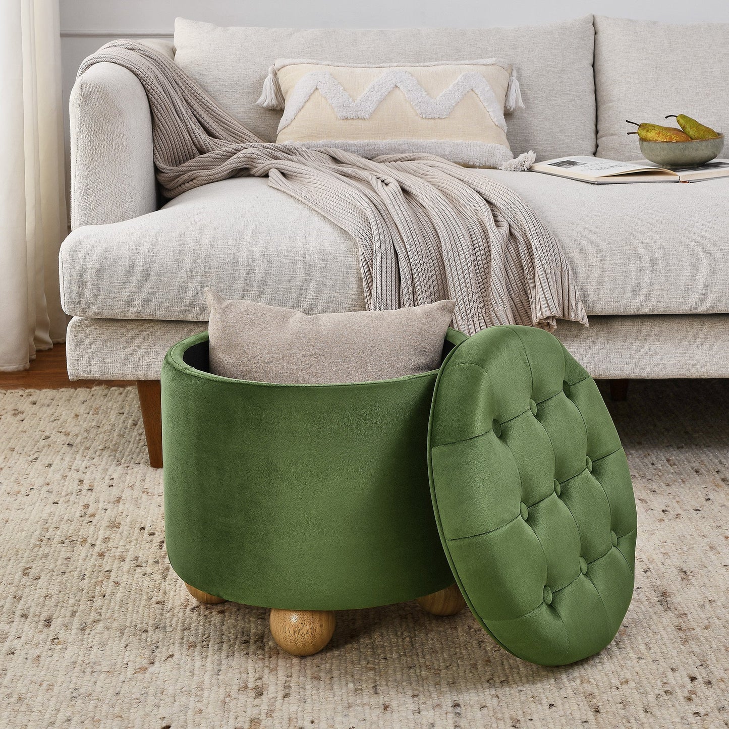 Round Storage Ottoman, multi-functional round flannel button Ottoman, lid can be turned over as a table top, with storage space-GREEN SolidRoot Buy Furniture USA