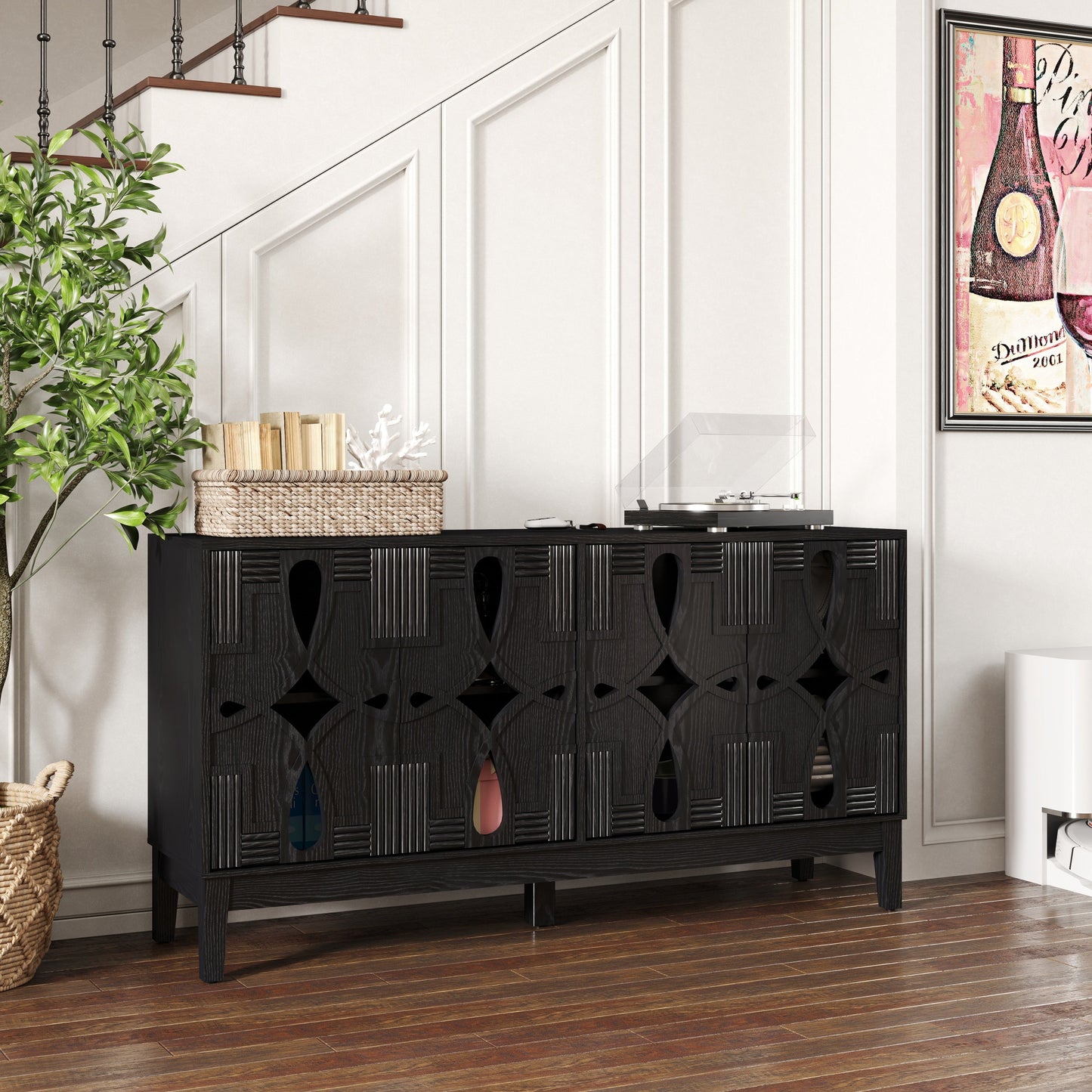 60.5' Mid Century Modern Sideboard Buffet Cabinet with Storage, TV Media Console Table, Storage Cabinet with 4 Doors & Adjustable Shelves for Kitchen Dining Living Room Entryway, Black SolidRoot Buy Furniture USA