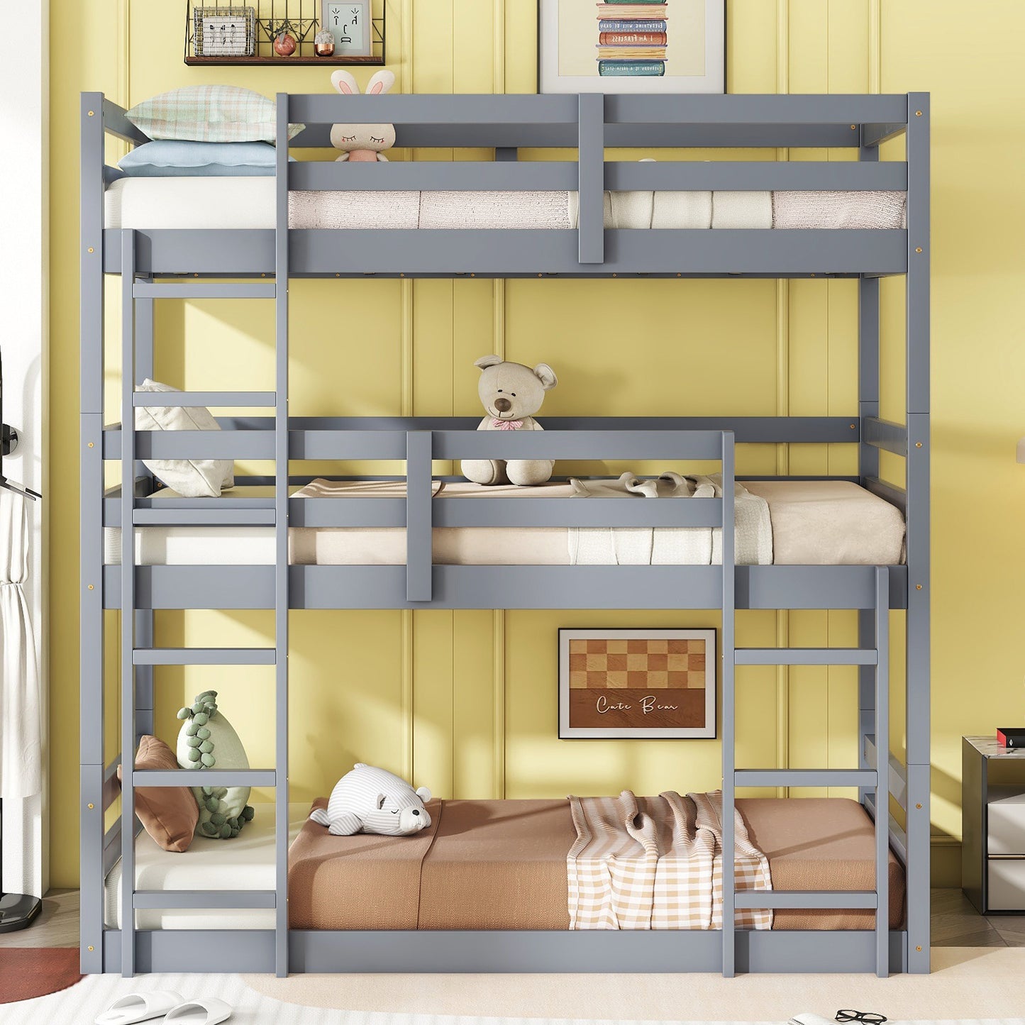 Triple Rubber Wood Bunk Bed with Two Built-in Ladders, Guardrails, Twin over Twin over Twin, Detachable Triple Twin Bunk Bed,Grey SolidRoot Buy Furniture USA