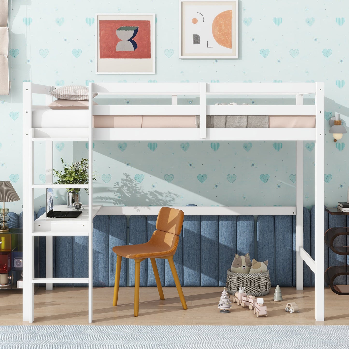 Twin High Loft Bed, Rubber Wood Loft Bed with Safety Guardrail, built-in desk, ladder,White SolidRoot Buy Furniture USA