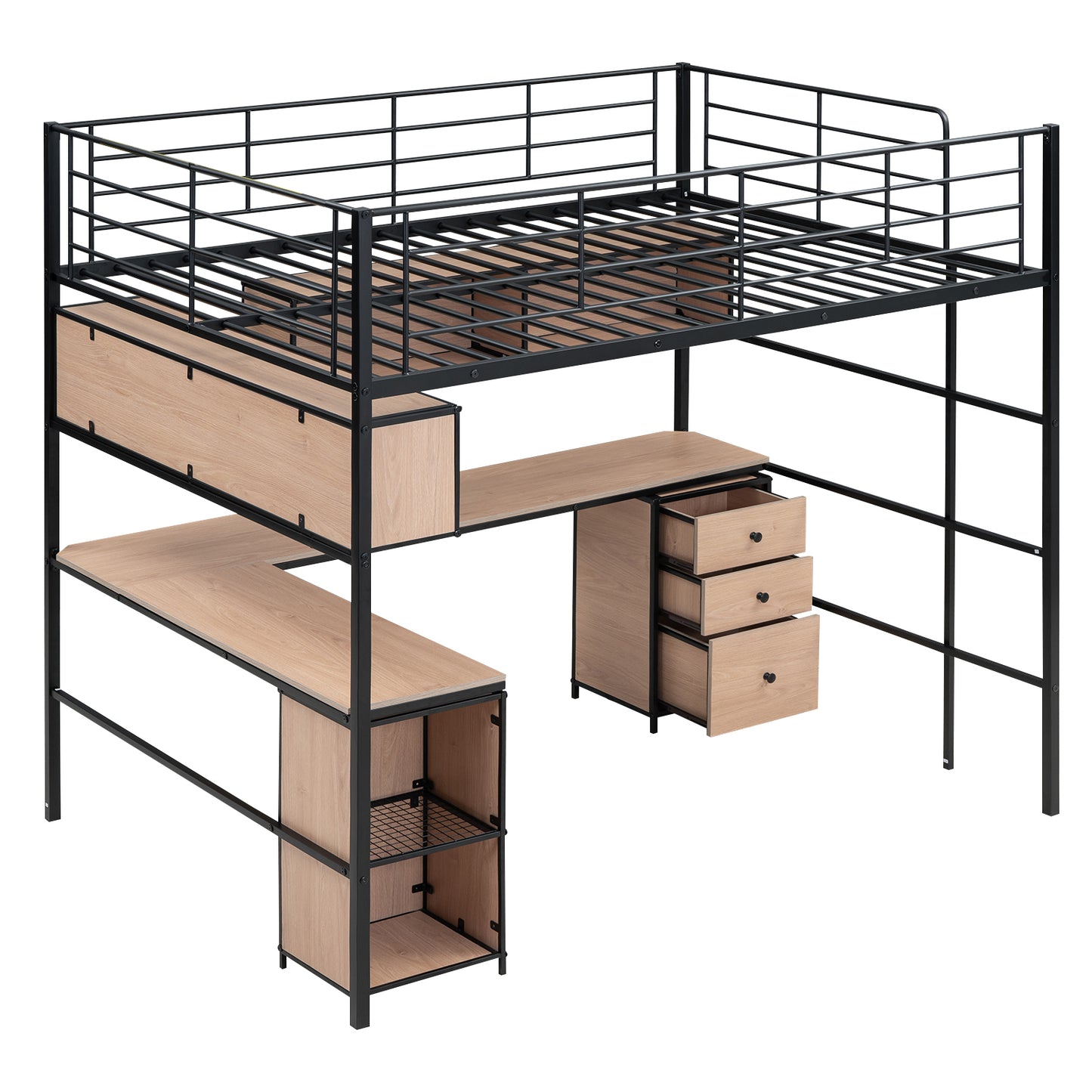 Metal Loft Bed with bookcase, desk and cabinet, Full, Black - SolidRoot Buy Furniture USA