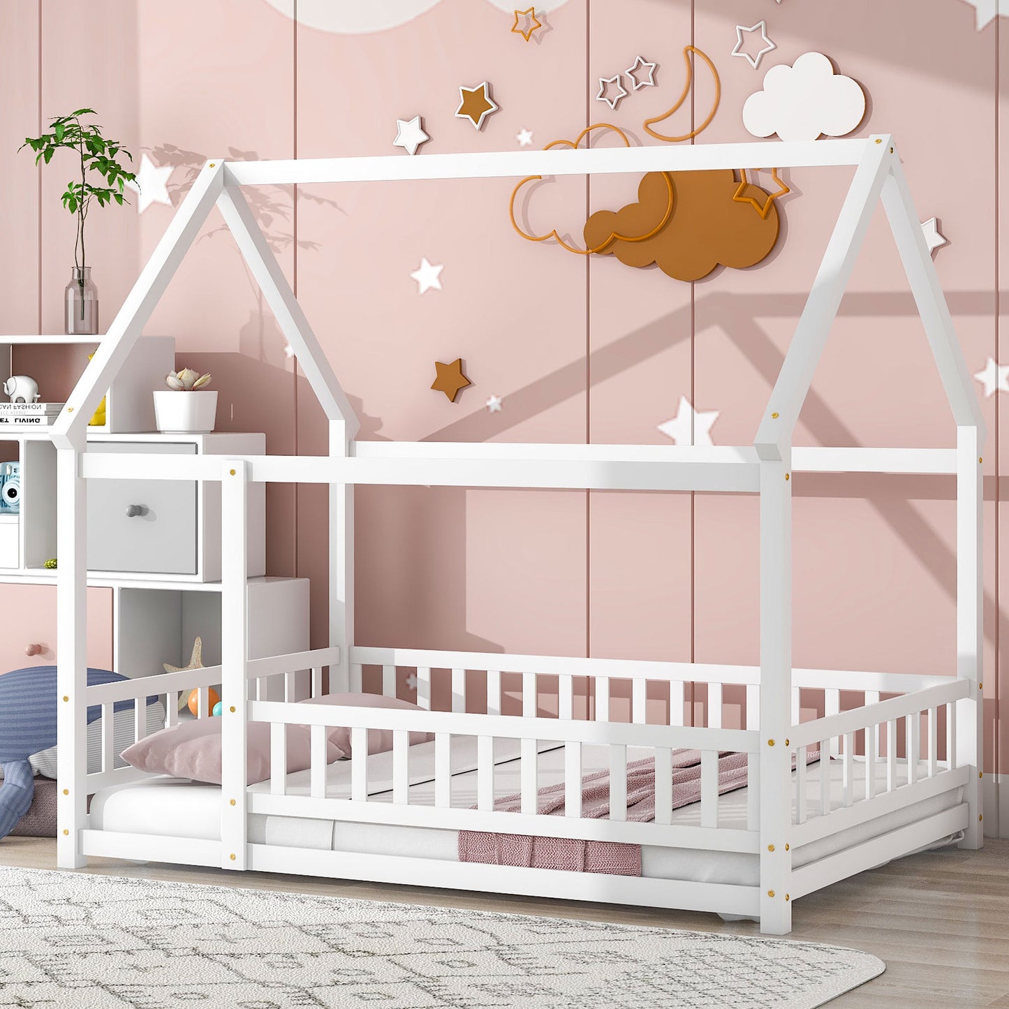 Full Size Floor Wooden Bed with House Roof Frame, Fence Guardrails ,White(Old SKU:W50471475)