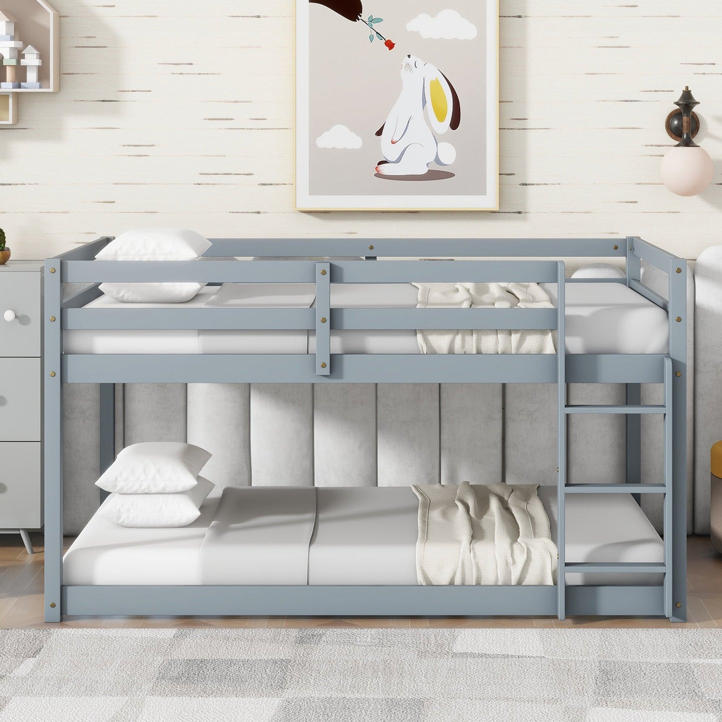 Solid Wooden , Solid Rubber Wooden Twin over Twin Loft Bed with Ladder ,Upper and Bottom Bed Platforms crafted with Strengthened Slats ,Grey SolidRoot Buy Furniture USA