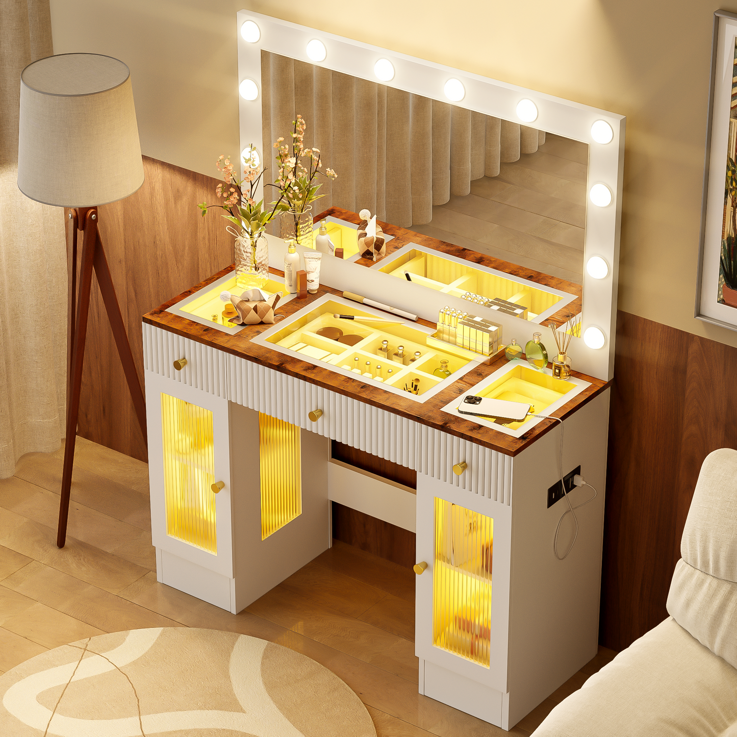 43.3' Vanity Desk with Large Mirror and Hollywood Bulbs, Modern Glass Top Makeup Vanity with Drawers and Power Outlet, Large Dressing Table with 3 Color Lighting Modes & RGB Cabinets for Bedroom SolidRoot Buy Furniture USA