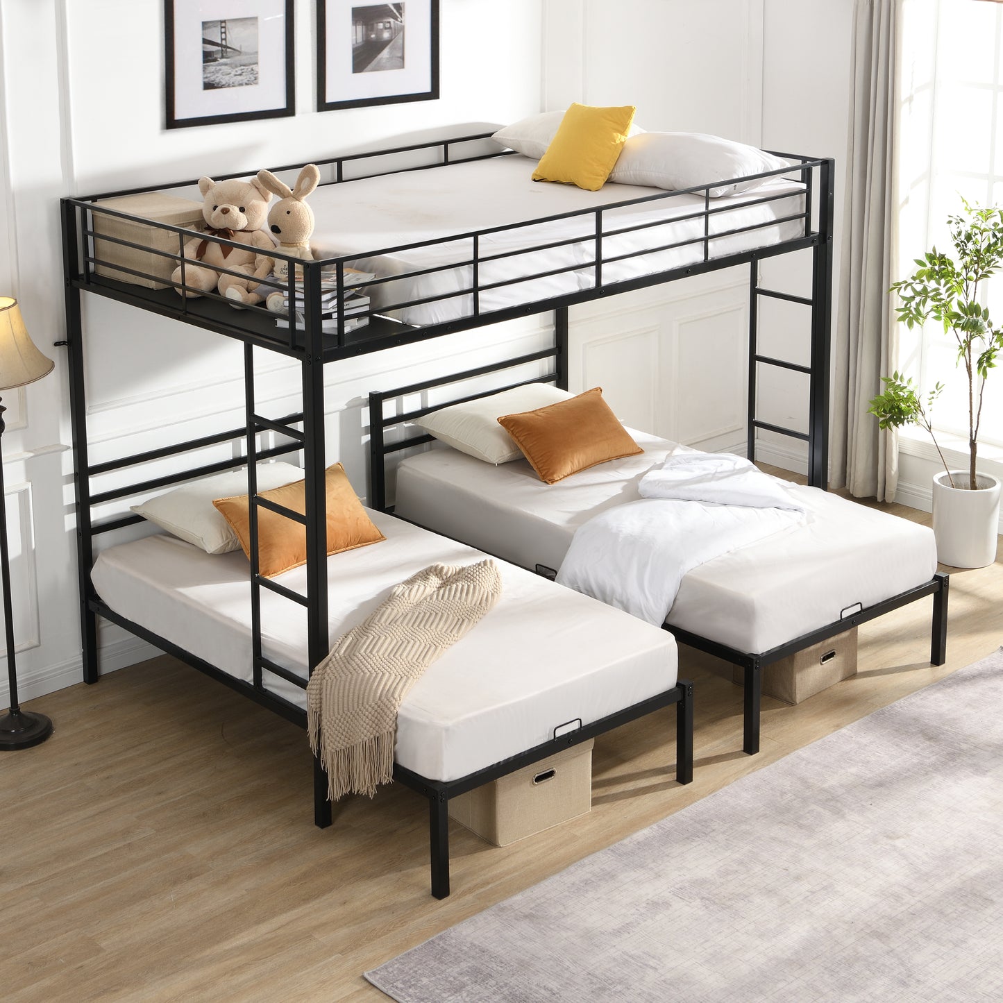 Full Over Twin Over Twin Bunk Bed ,Triple Bunk Bed With a vertical ladder, Metal Frame Bunk Bed with Safety Rail, Full Over Twin Over Twin Triple Bunk SolidRoot Buy Furniture USA
